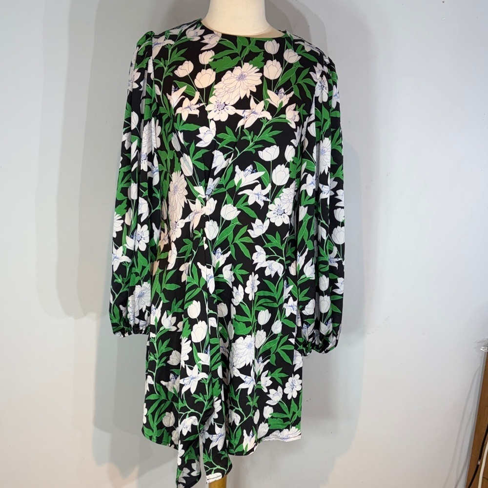 Liquorish Floral Asymmetrical Tunic Dress Black Green White Boho Size 12